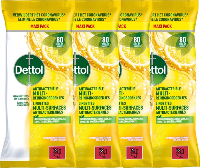 Dettol Lingettes Antibactériennes Multi-surfaces Éclat de Citron - 80 - 4 Stuks - Voordeelverpakking