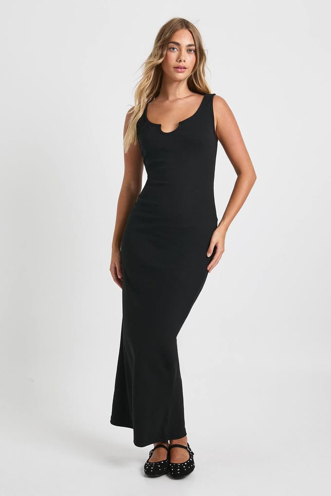 boohoo Dames Basic Rib Notch Maxi Jurk | Zwart | Maat: 36