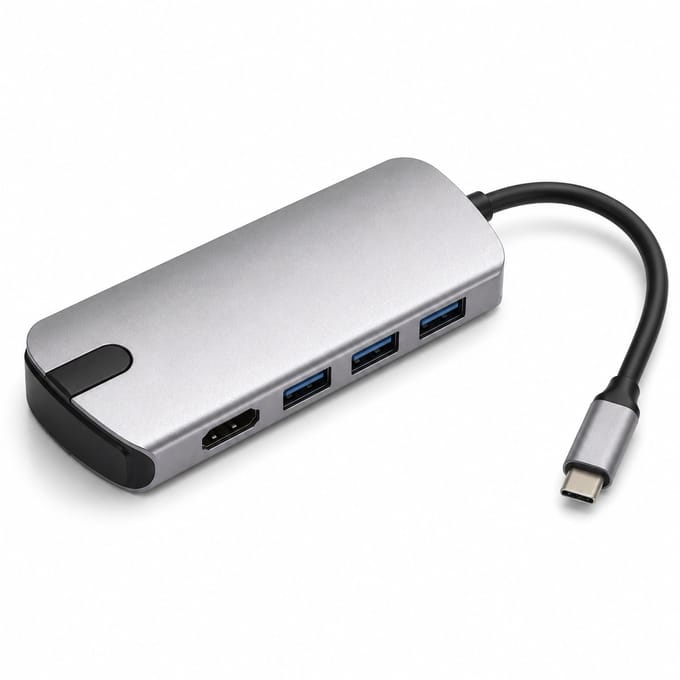 DrPhone QuadLink USB-C Hub – USB-C naar HDMI 4K 30Hz – 3x USB-A 3.0 – 4-in-1 Adapter – Aluminium – Zilver