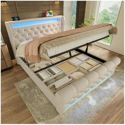 Merax Gestoffeerd opbergbed - 160 x 200 cm - met LED's - opberghoofdeinde en USB - fluweel - beige