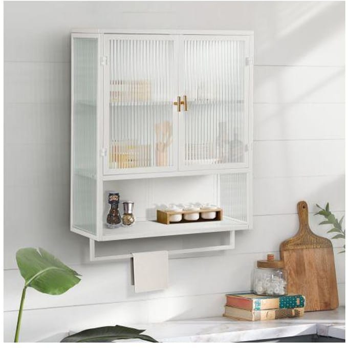 Wandkast - MUVOE - 60 cm - Dubbele glazen deur - Metaal - Wit wit