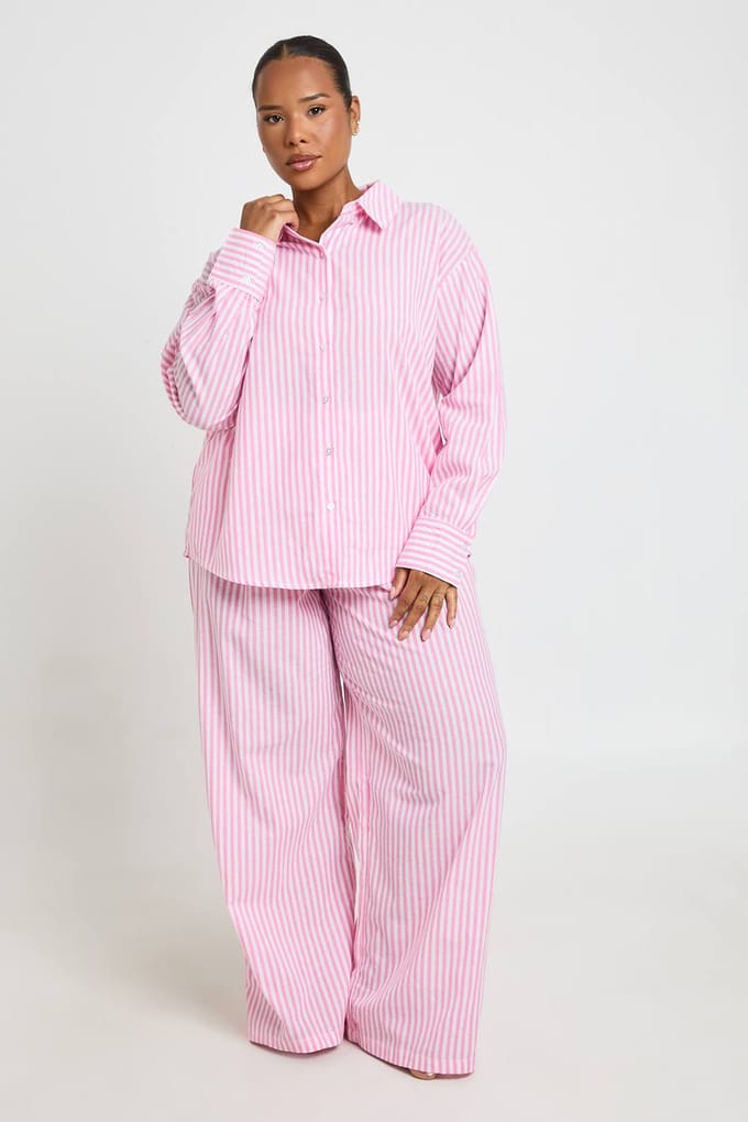 boohoo Dames Plus Katoenen Pyjamabroek Met Krijtstreep | Roze | Maat: 48