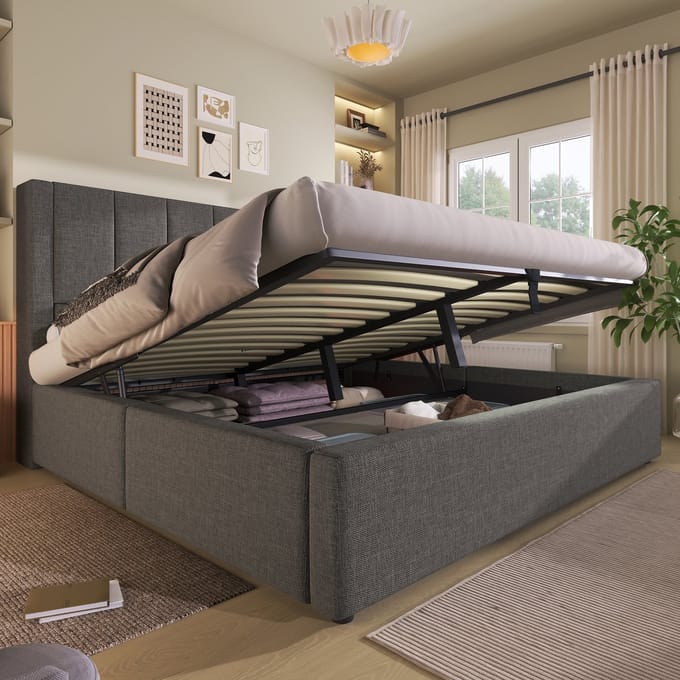 MODFU Bedframe 140x200 cm – grijs linnen – met geheime bekerhouders, USB/Type-C en matras