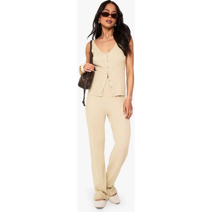 boohoo Dames Gebreide vest en wijde broek | Stone | Maat: Small