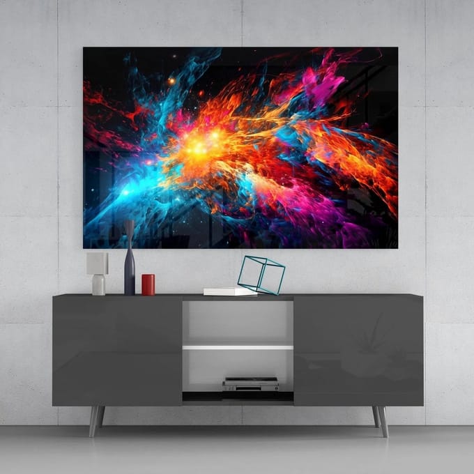 Glasschilderij - Abstract - Kleuren van de ruimte - Geharde Glas - 110x70x0,4 cm