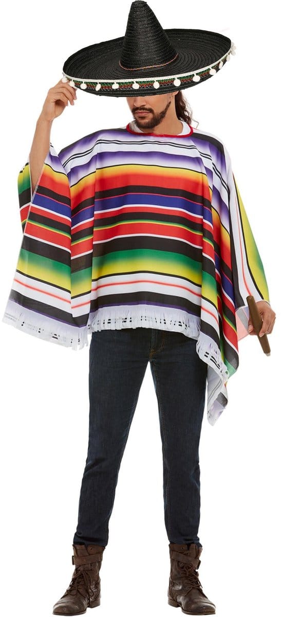 Carnaval verkleed set Mexicaan - gekleurde one size poncho - Sombrero hoed zwart dia 60 cm
