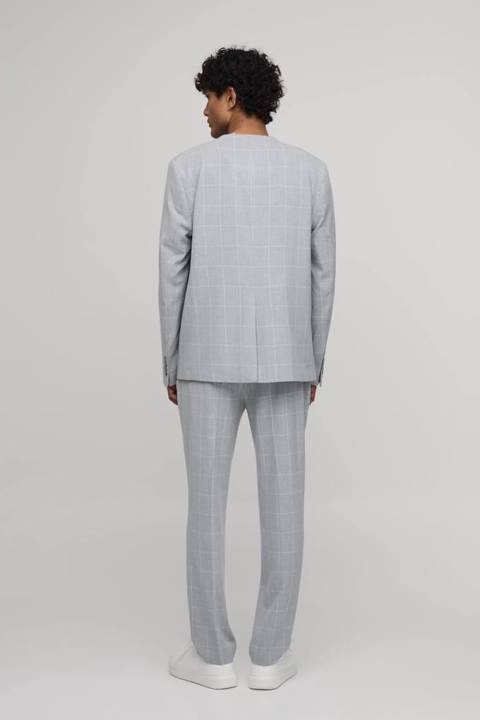 Windowpane Checked Collarless Regular Fit Wrap Blazer | Grey | Size 50