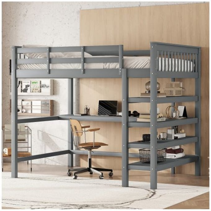 Lit surélevé pour enfants - MUVOE - 140 x 200 cm - Bureau intégré - Rangement sous le lit - Gris