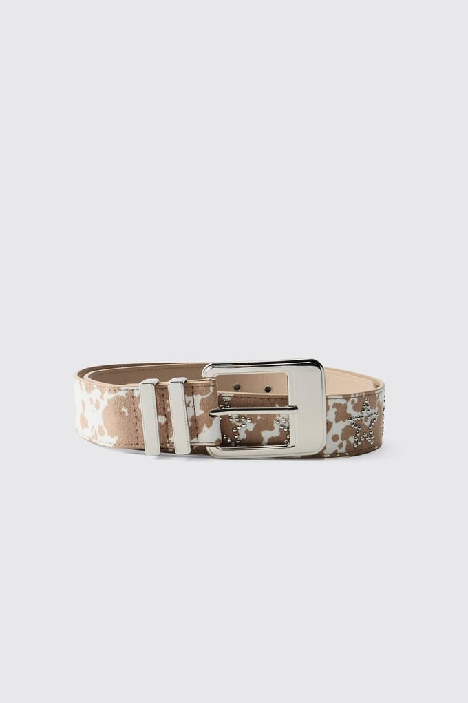 PU Cow Belt With Star Rhinestone | Camel | Size XL