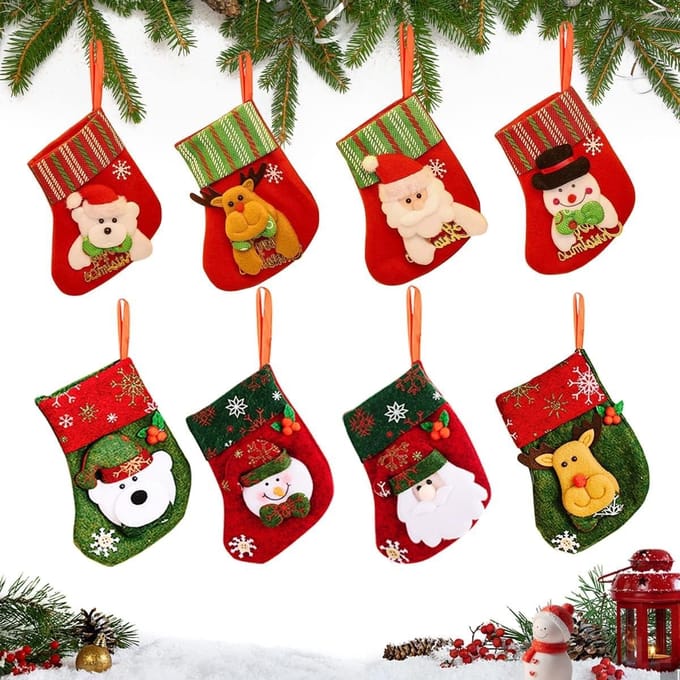 Mini Kerstsokken Set - 8 Stuks 3D Kerst Versiering