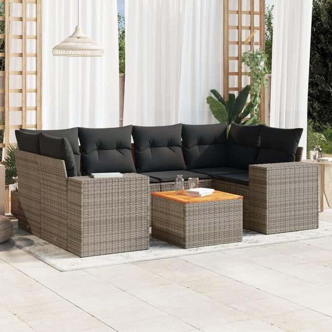 vidaXL - 7-delige - Loungeset - met - kussens - poly - rattan - grijs