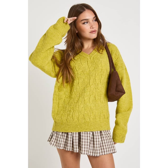 boohoo Dames Chunky gebreide V-hals kabeltrui | Chartreuse | Maat: Small