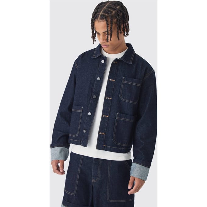 Boxy Fit Turn Up Denim Jacket In Indigo | Size Medium