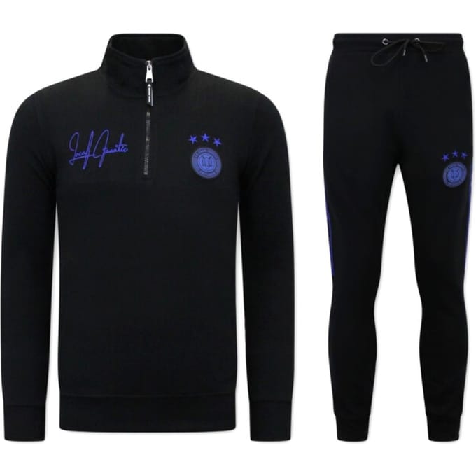Heren Joggingspak - Half Zipper, Double Ribbon - Zwart / Blauw