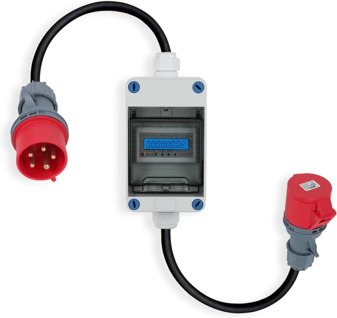 Mobiele Driefasige Stroommeter MID 2024 met CEE Stekker - IP55 Adapter voor Camping en EV Opladen (16A)