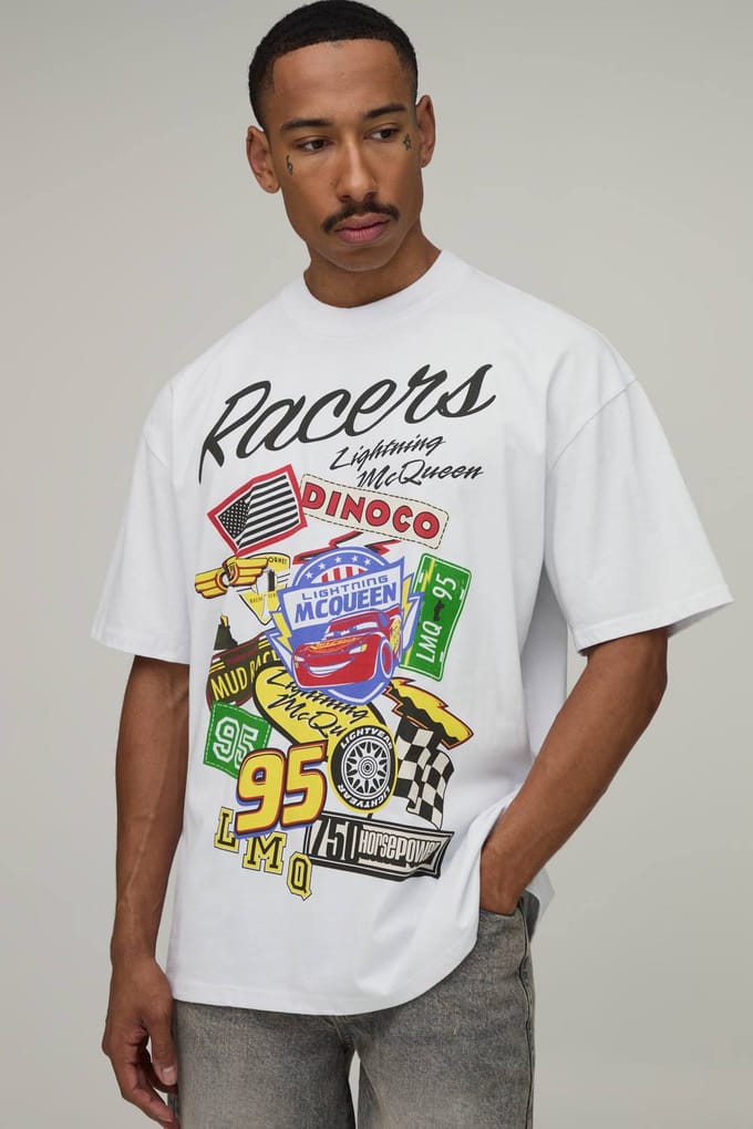 Oversized Lightening Mcqueen Badges Licentie Print T-shirt | White | Size Large