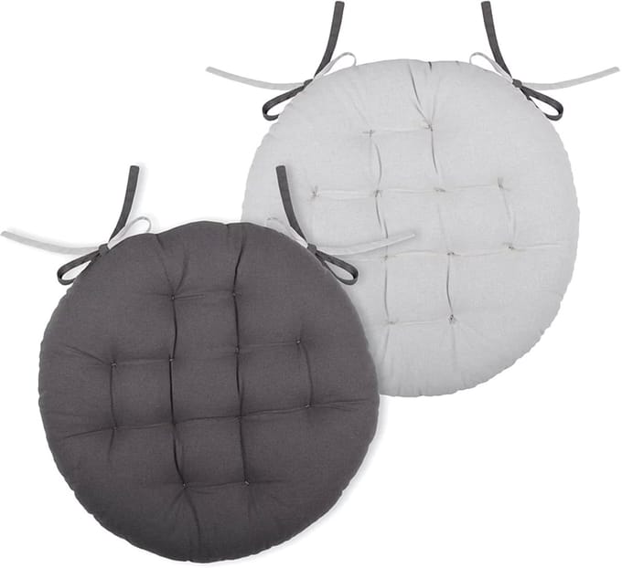 Stof Textile stoelkussen rond - licht/donkergrijs - 2 zijden - 38 cm - touwtjes sluiting