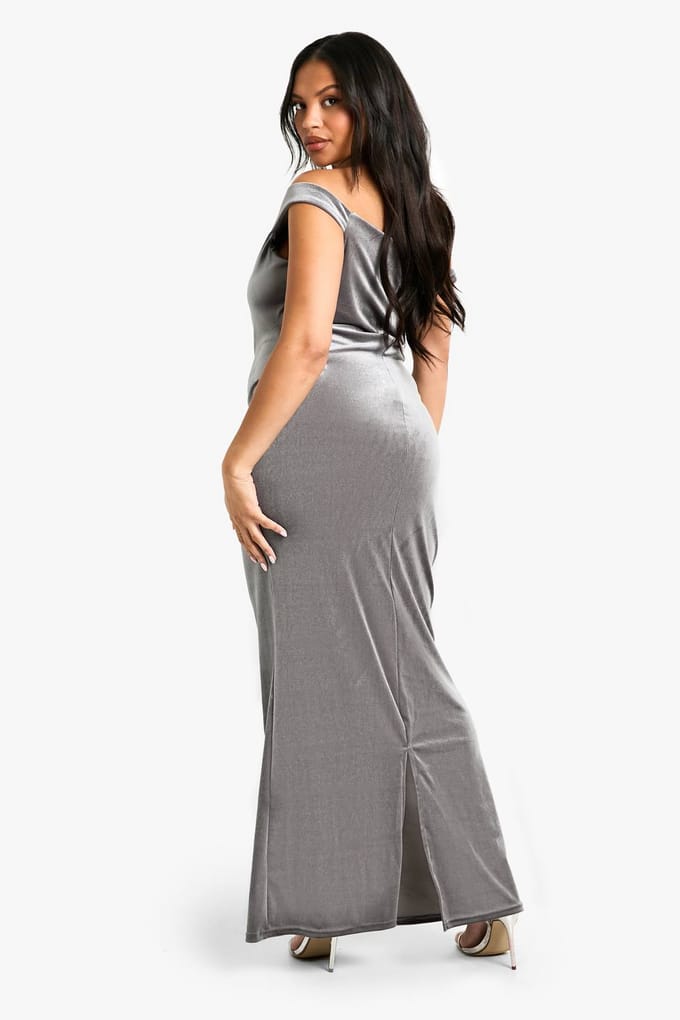 boohoo Dames Plus Velvet Asymmetrische Gerafelde Maxi Jurk | Silver Grey | Maat: 18