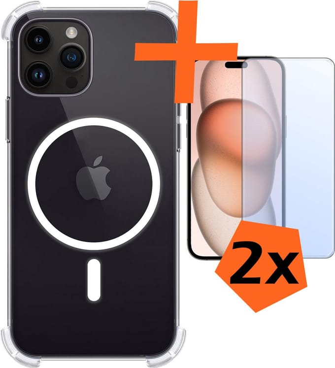 Hoes - Met 2x Screenprotector - Geschikt voor Apple iPhone 15 Pro Max - Magsafe Compatible - Sterk & Shockproof - Back Cover - Shock Proof Case - Telefoon Hoes - Transparant