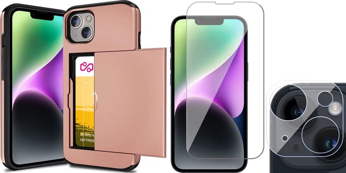 Hoesje met Pasjeshouder geschikt voor iPhone 15 Plus - Screenprotector GlassGuard & Camera Lens Screen Protector - Back Cover SlideCase Roségoud