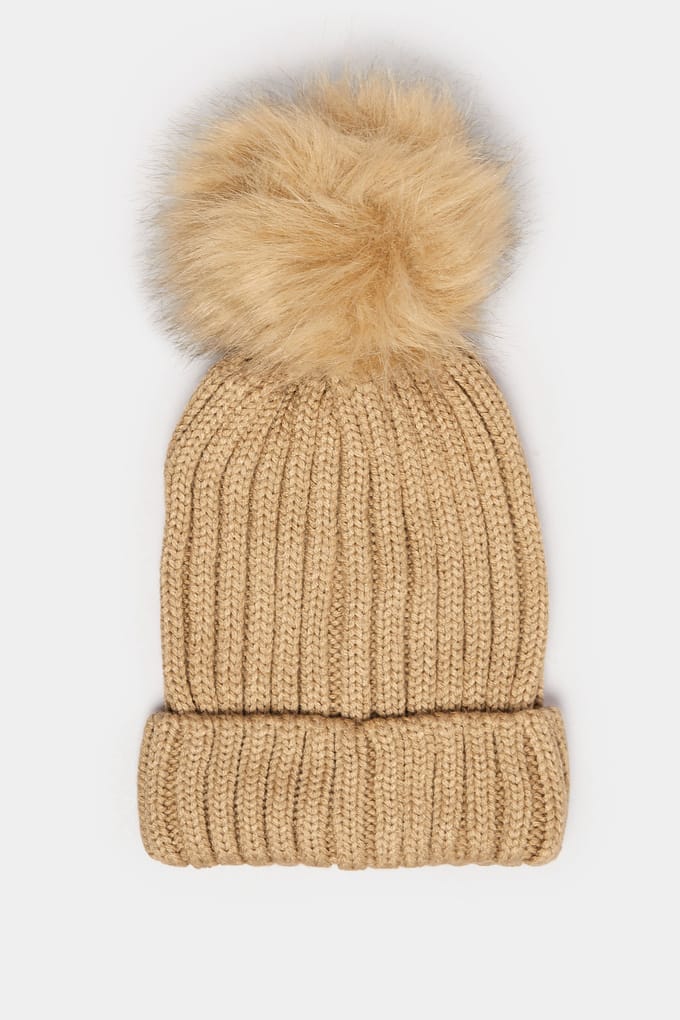 Yours Beige Bruine Imitatiebont Pompon Bobbelmutssize One Size