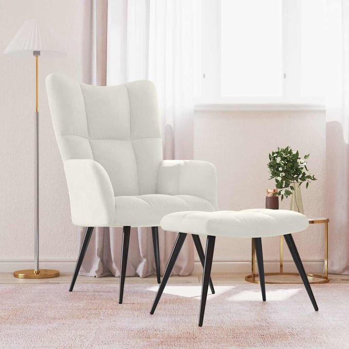 vidaXL - Relaxstoel - met - voetenbank - fluweel - crèmewit