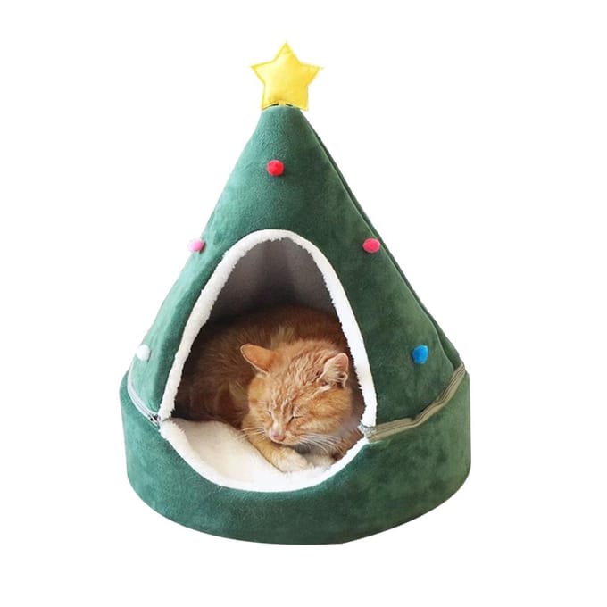 Tente Grotte Lit pour Chat Arbre de Noël Maison Lit pour Chat Confortable Lit Triangle pour Chat Tente Maison pour Animal de Compagnie 43*43*50cm vert