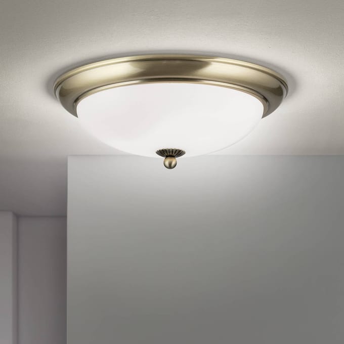 ORION Empire plafondlamp, Ø 35,5 cm, antiek messing, mat opaalglas