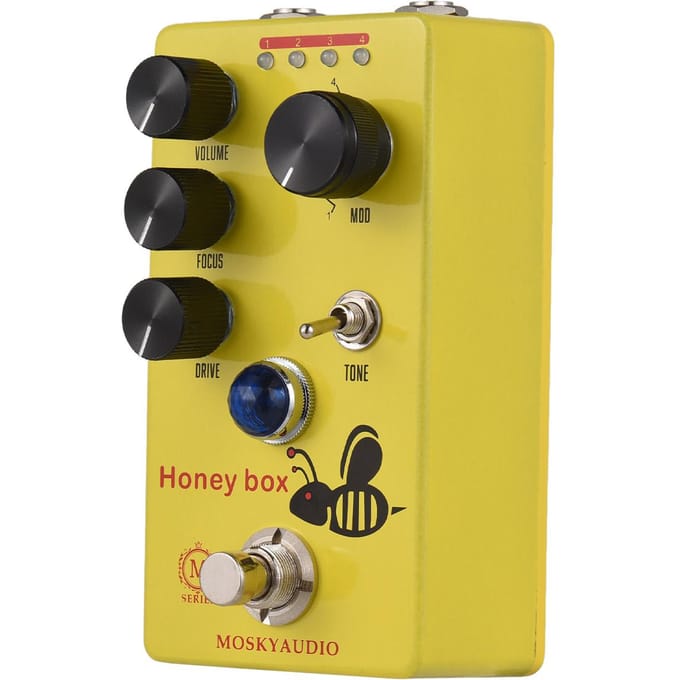 MOSKYAUDIO HONEY BOX DRIVE Gitaar Overdrive Effectpedaal Volume/Drive/Focus/4-Modus Knop DC 9V geel