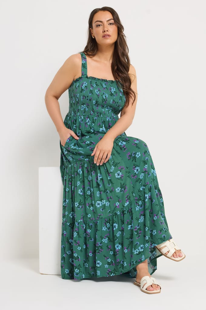 Yours Groene Gesmokte Jurk Met Bloemenprint Size 54-56