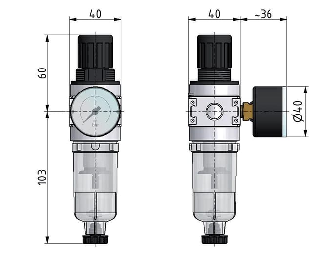Filter-Regelaar G1/4'' 700l/min 0.2-6.0bar/3-87psi 40 mm Manometer Multifix 0