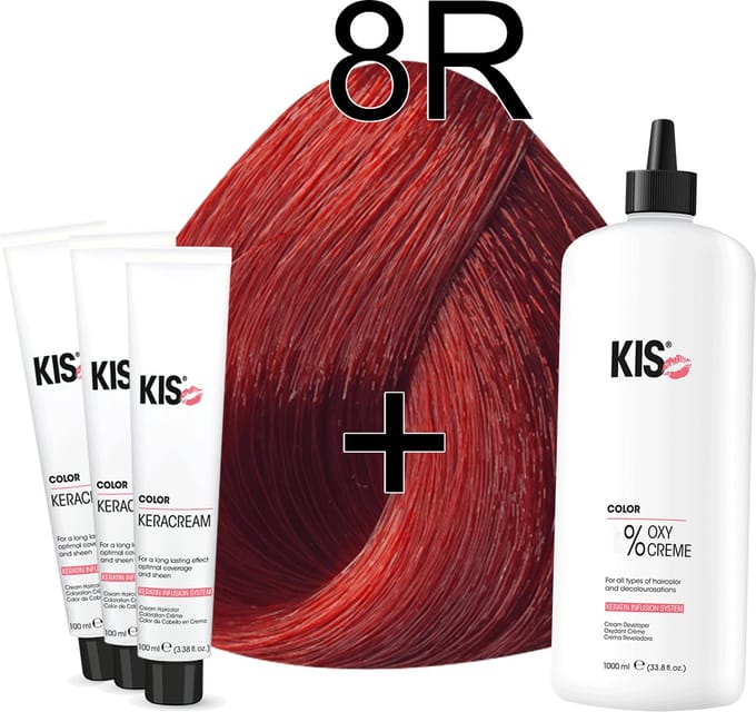 Kis KeraCream Color - 100ml - Haarverf Set - 8R Vlammend rood | KIS - (3 x haarverf & 1L waterstofperoxide)