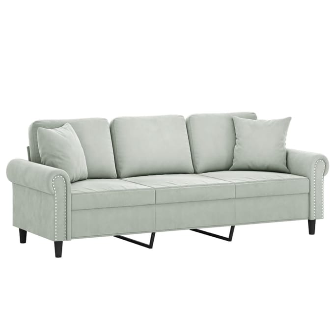 vidaXL - Driezitsbank - met - sierkussens - 180 - cm - fluweel - lichtgrijs