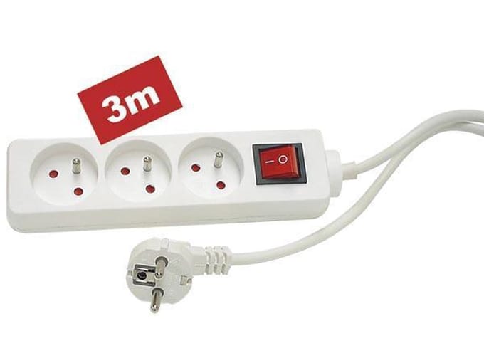Perel Stekkerdoos met schakelaar, 3 stopcontacten met penaarde (type E), kabel 3 m, 3G1.5, gebruik binnenshuis, wit