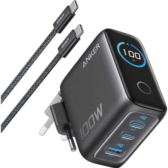 Anker Oplader - 100W Max USB C Oplader - 3-poorts GaN Wandadapter met Slim Display en Touchbediening - Inclusief USB-C Kabel