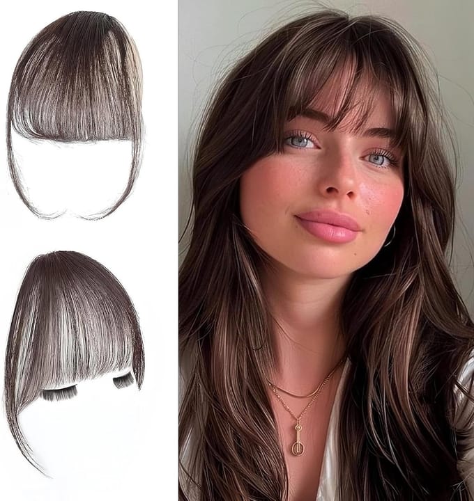Echte Haar Extensions voor Vrouwen, Clip-On Met Curved Bangs, Geschikt voor Dagelijks Gebruik, Medium Bruin Haar