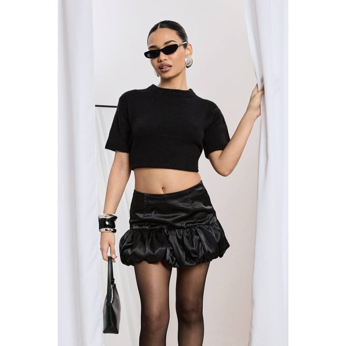 boohoo Dames Satijn Puffball Mini Rok | Zwart | Maat: 34