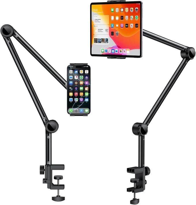 Tablet Grijp Arm - met Verstelbare Arm en Tablet Houder - voor Apple Ipad en Android Tablets - Instelbaar en Klembaar Op Het Bureau - Zwart
