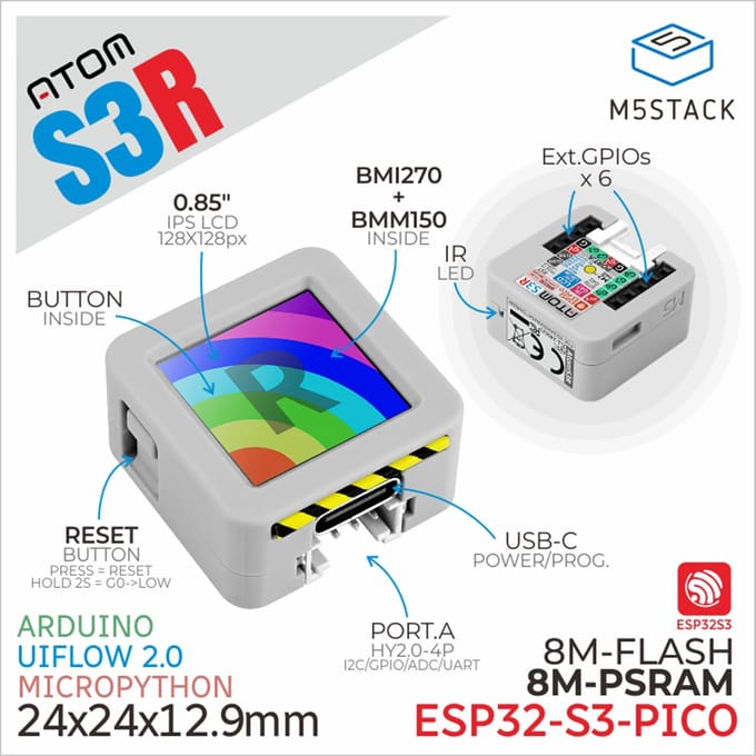 M5Stack officiële ATOMS3R-ontwikkelkit met 0,85-inch scherm (8 MB PSRAM)