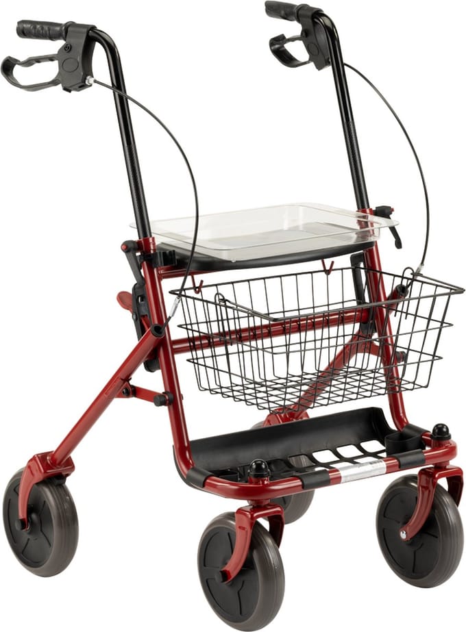 Inklapbare / opvouwbare rollator Rood - Inclusief dienblad, stokhouder en mandje