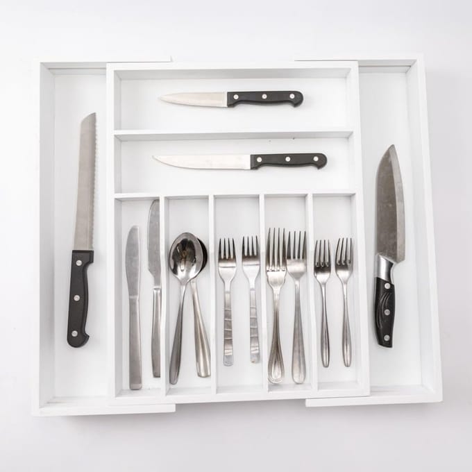 Uitschuifbaar bestekbak - Besteklade - 7 Vaks -> Uitschuifbaar naar 9 Vakken - Bestekbakken organizer - Bamboe - Wit