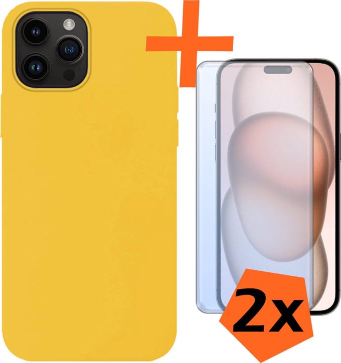 Hoes - Met 2x Screenprotector - Geschikt voor Apple iPhone 15 Pro Max - Sterk & Shockproof - Back Cover - Siliconen Case - Telefoon Hoes - Geel