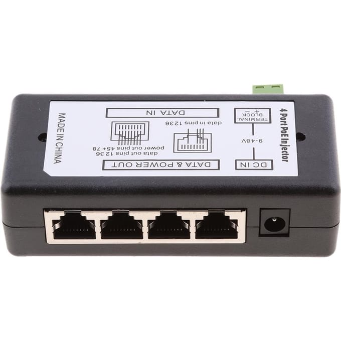 4 POE-poorten Injectorschakelaar 1248V Passieve voedingsmodule via Ethernet as described zwart