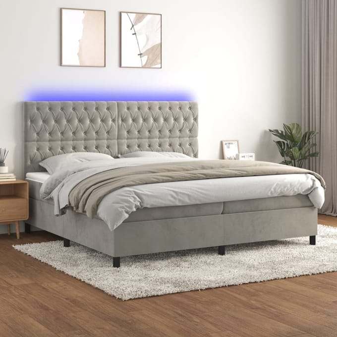 vidaXL - Boxspring - met - matras - en - LED - fluweel - lichtgrijs - 200x200 - cm
