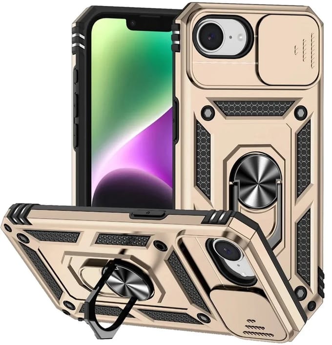 MobyDefend Hoesje - Geschikt voor iPhone 16e / iPhone 17e - Pantsercase Met Draaibare Ring - Goud