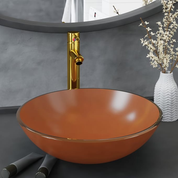vidaXL - Wastafel - met - kraan - en - pop-up - afvoer - gehard - glas - bruin