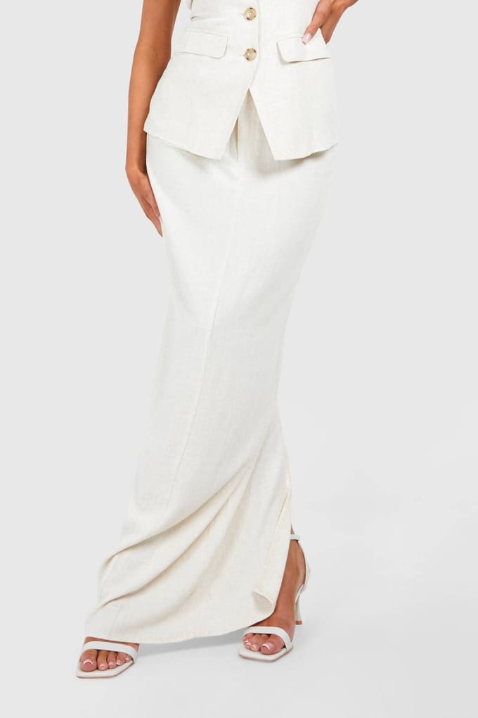 boohoo Dames Linnen-look getailleerde maxi-rok | Natural Beige | Maat: 42