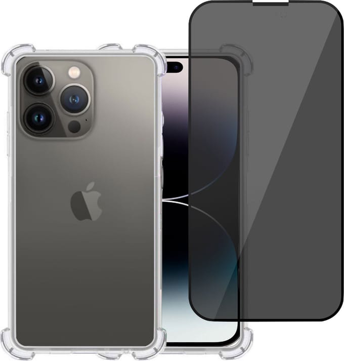Hoesje geschikt voor iPhone 14 Pro Max + Privé Screenprotector – Privacy Tempered Glass - Case Transparant
