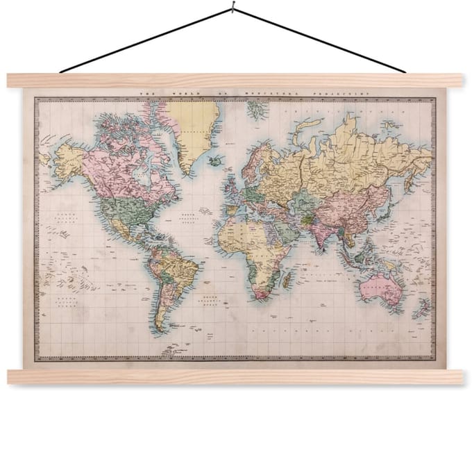 Schoolplaat - Wereldkaart Vintage - Posterhanger - Textielposter - 150x100 cm