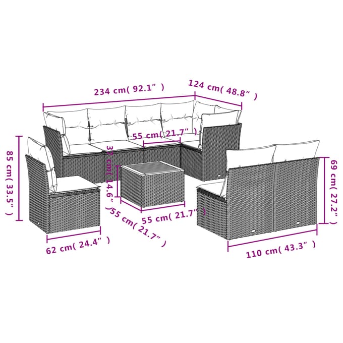 vidaXL - 9-delige - Loungeset - met - kussens - poly - rattan - beige